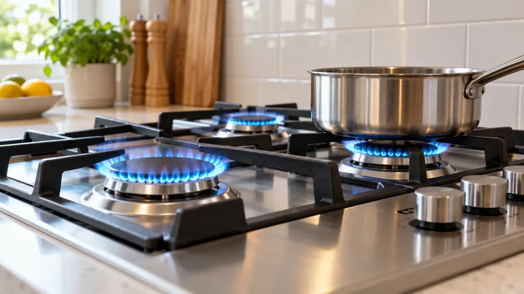 Modern gas hob with blue flames and a stainless steel pan in a UK kitchen
