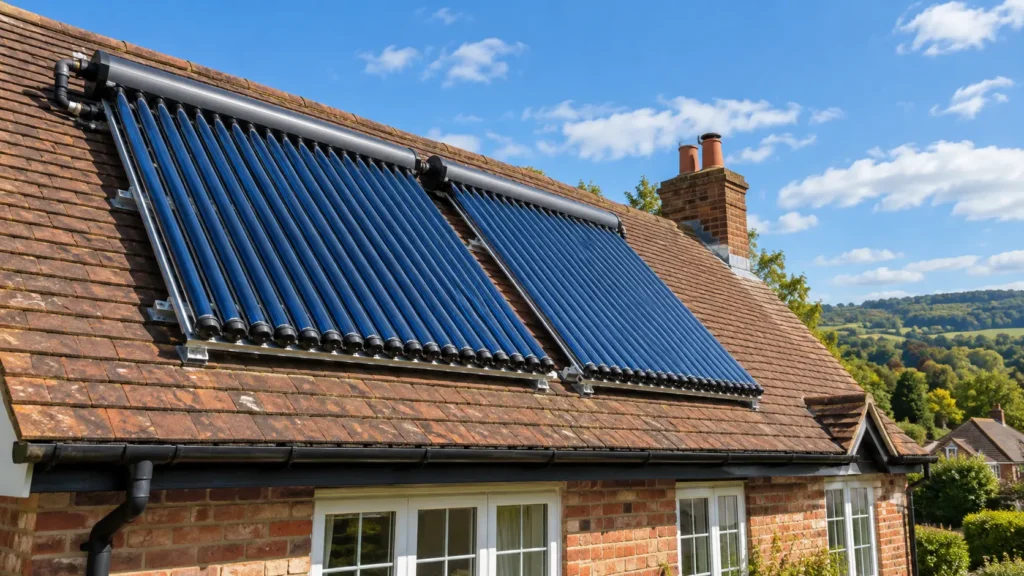 Solar thermal evacuated tube panels installed on the roof of a Berkshire home