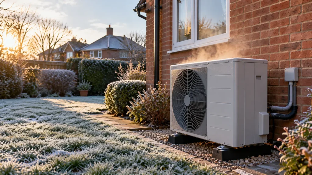 Air source heat pump beside a Berkshire family home on a frosty morning, with steam rising during a defrost cycle