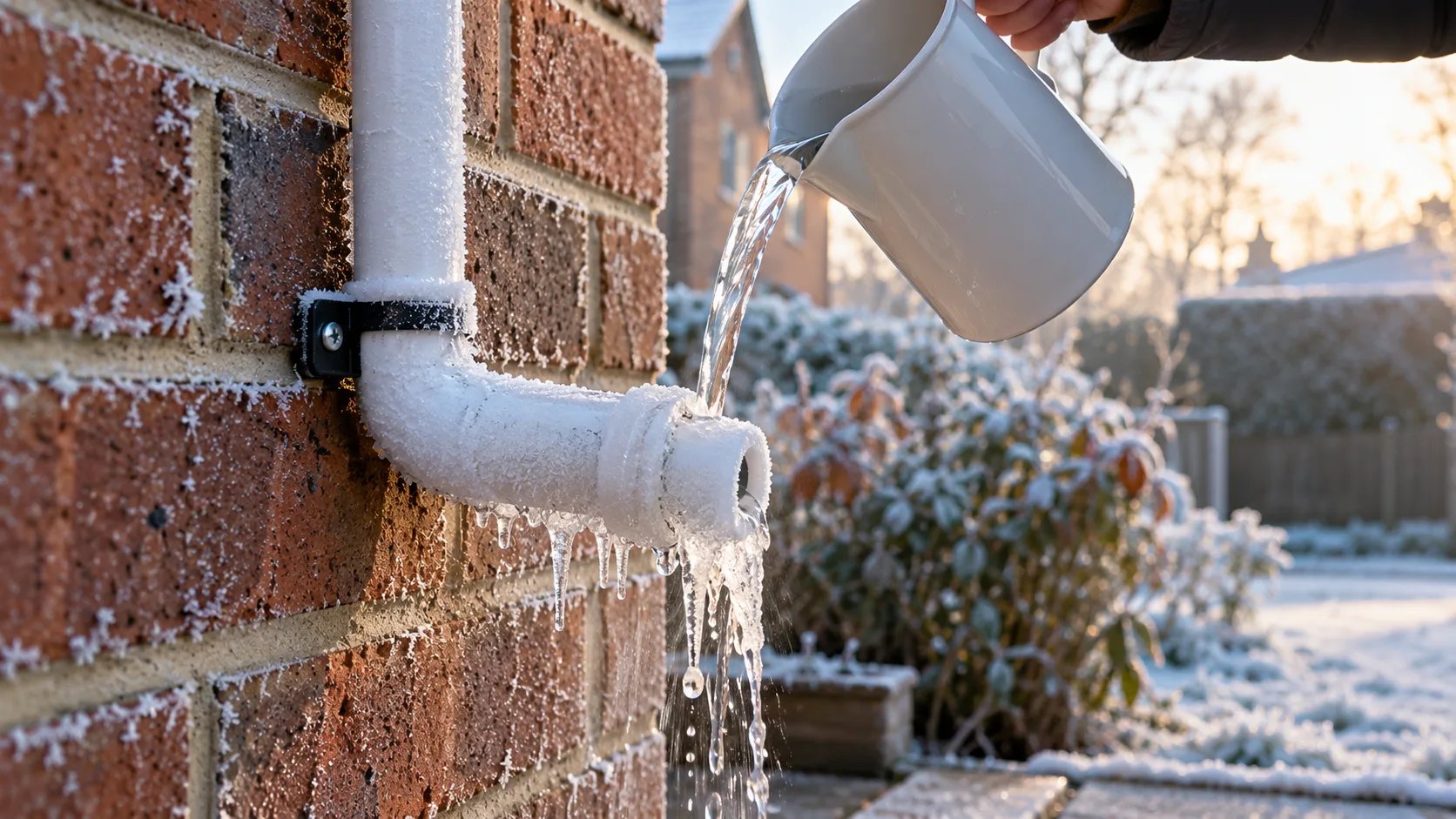 Warm water being poured from a jug over a frozen white plastic boiler condensate pipe on a brick wall on a frosty morning